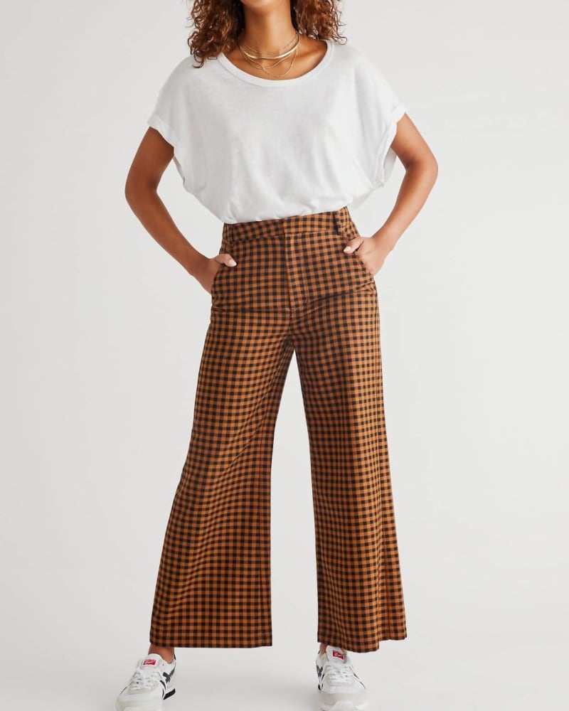 Front of a model wearing a size 12 Mott Street Trouser In Brown in Brown by Free People. | dia_product_style_image_id:358165
